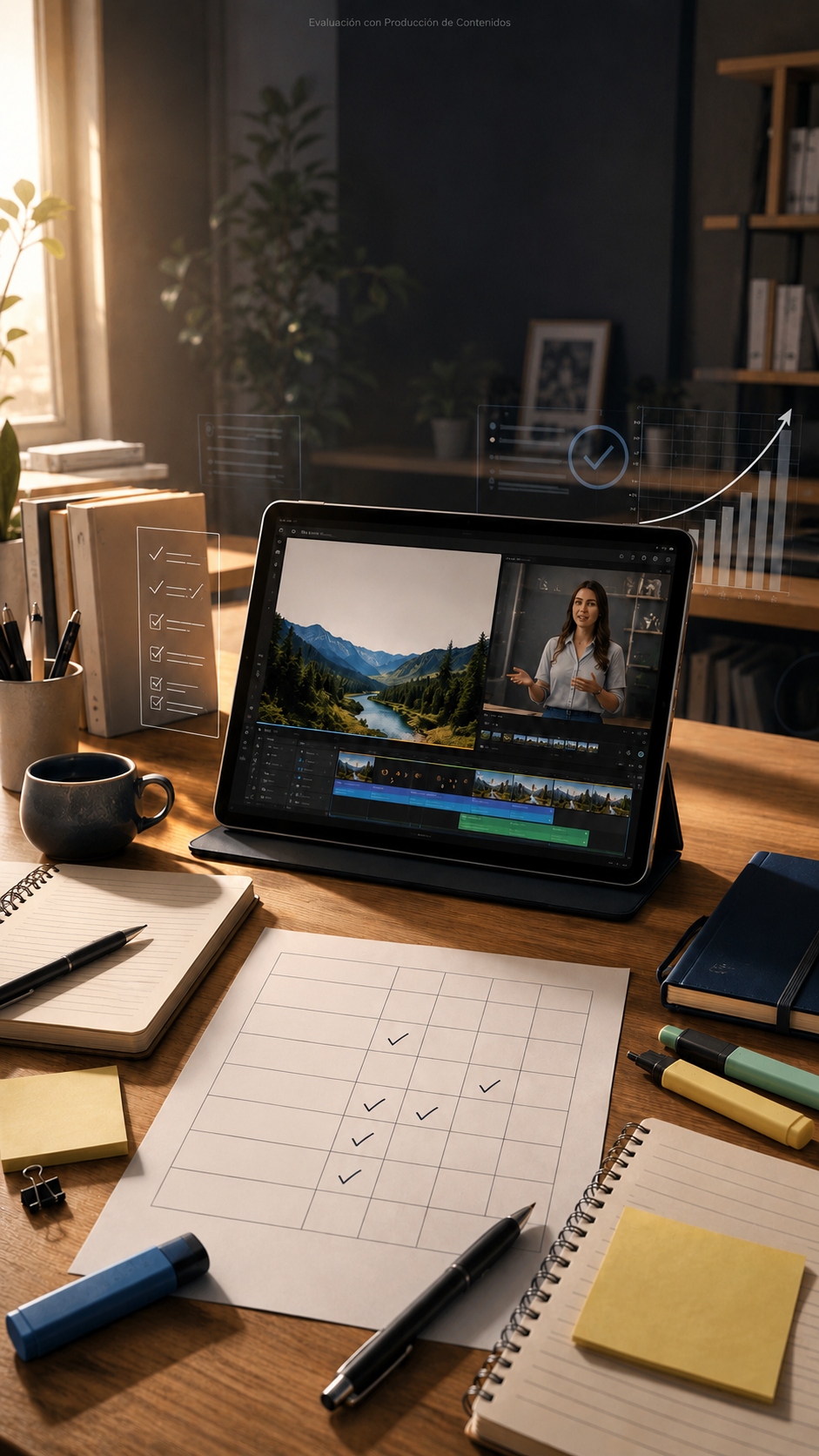 Mesa de trabajo con edición de contenidos y planificación de evaluación