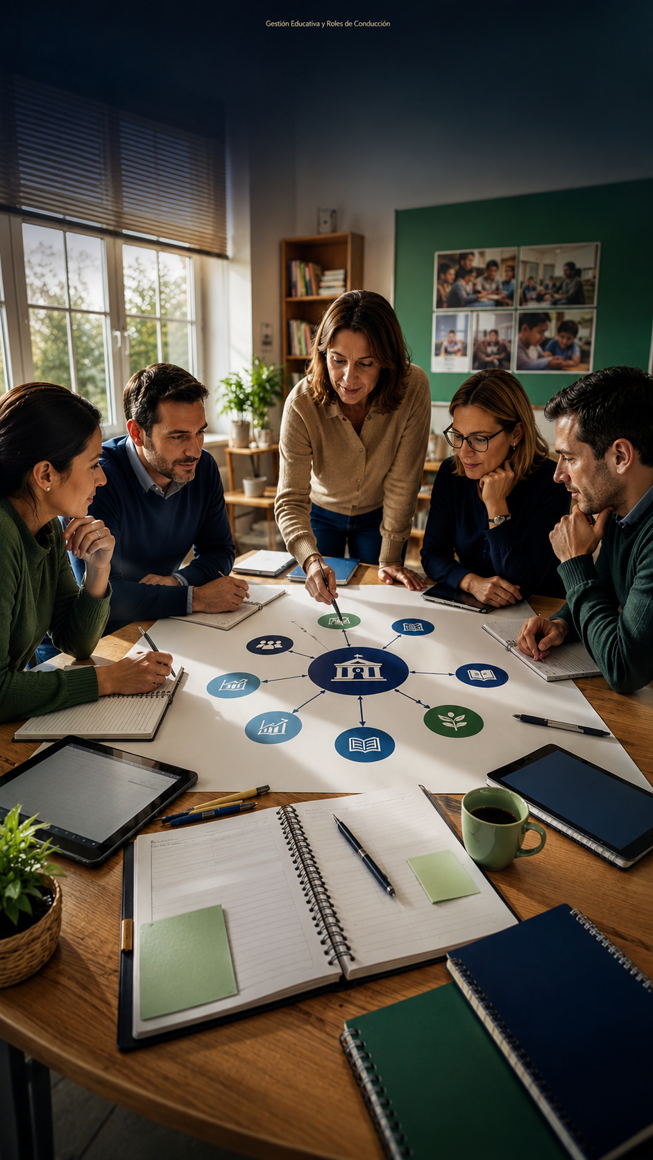 Equipo directivo trabajando sobre organización y liderazgo escolar