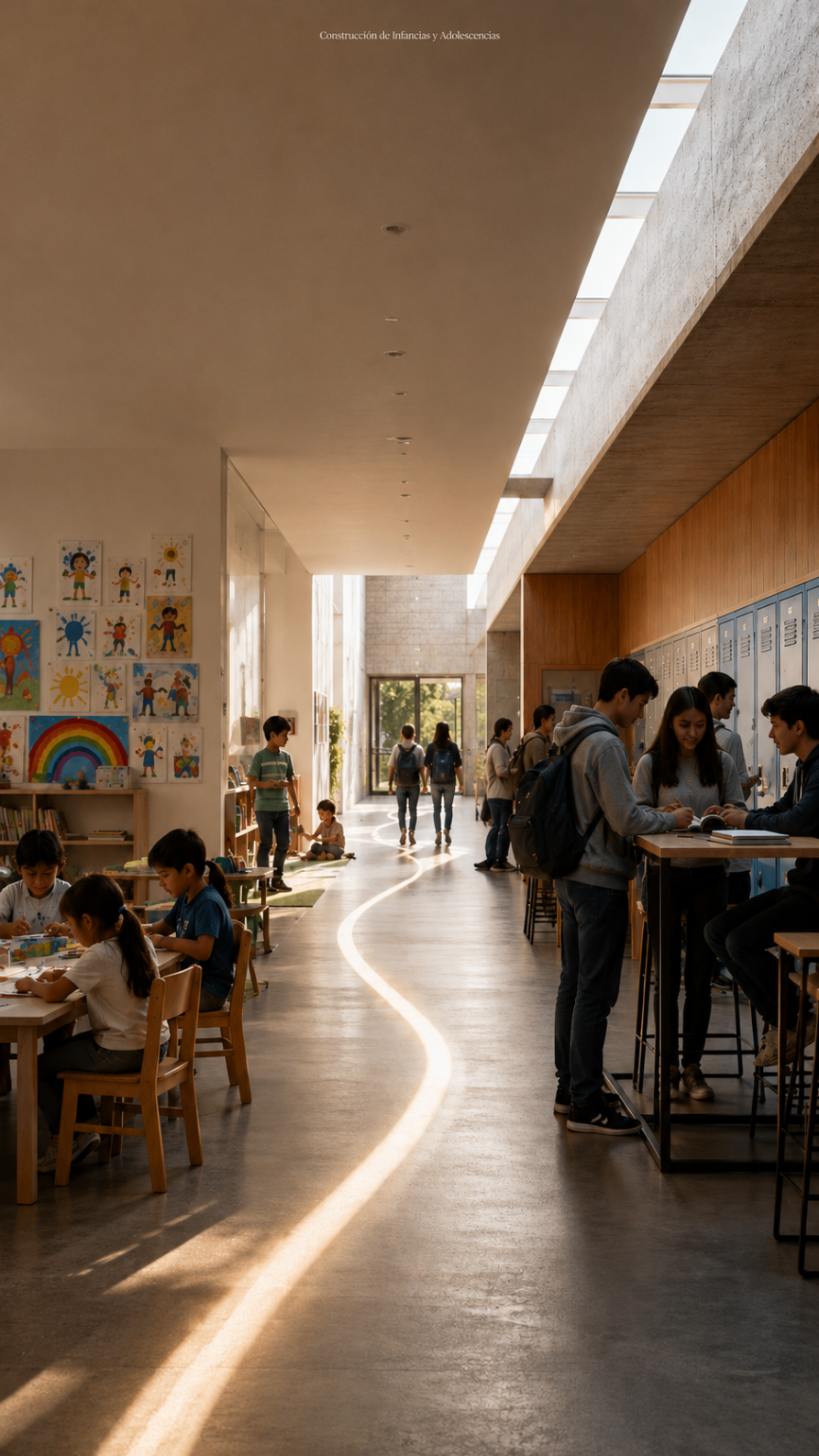 Docentes y estudiantes conversando en un entorno escolar abierto