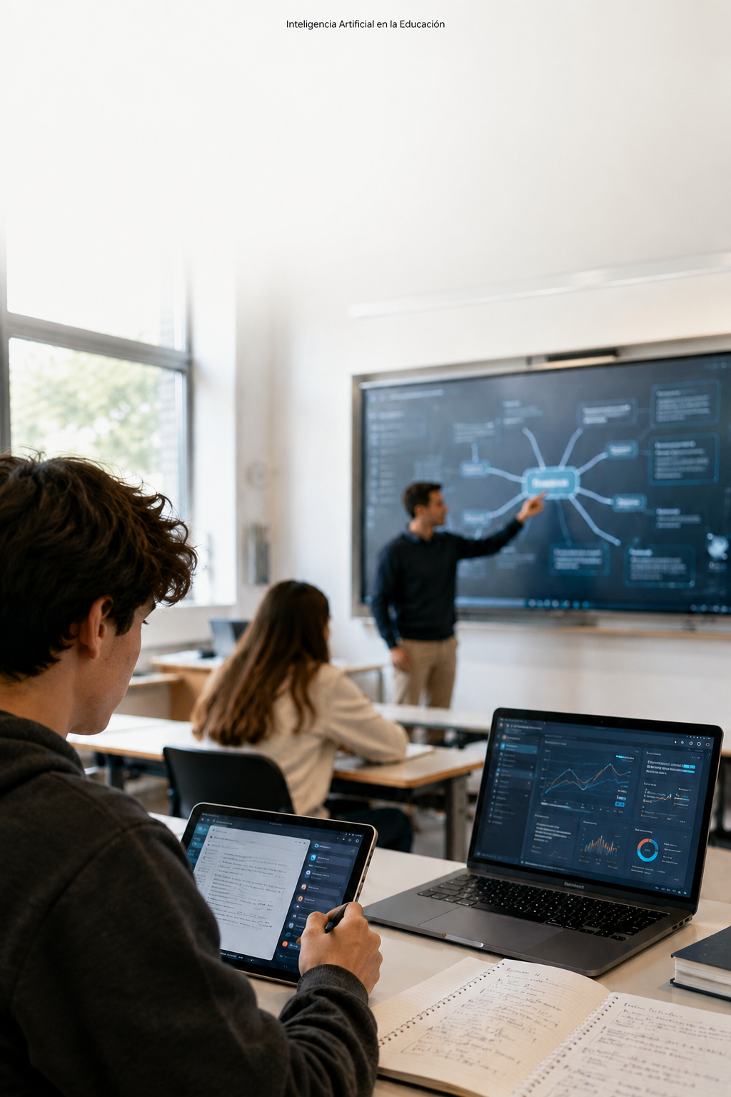 Clase con pantallas, tablero digital y análisis de datos en tiempo real