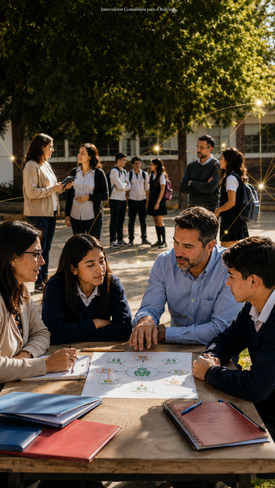 Docente y estudiantes trabajando en equipo alrededor de una mesa escolar