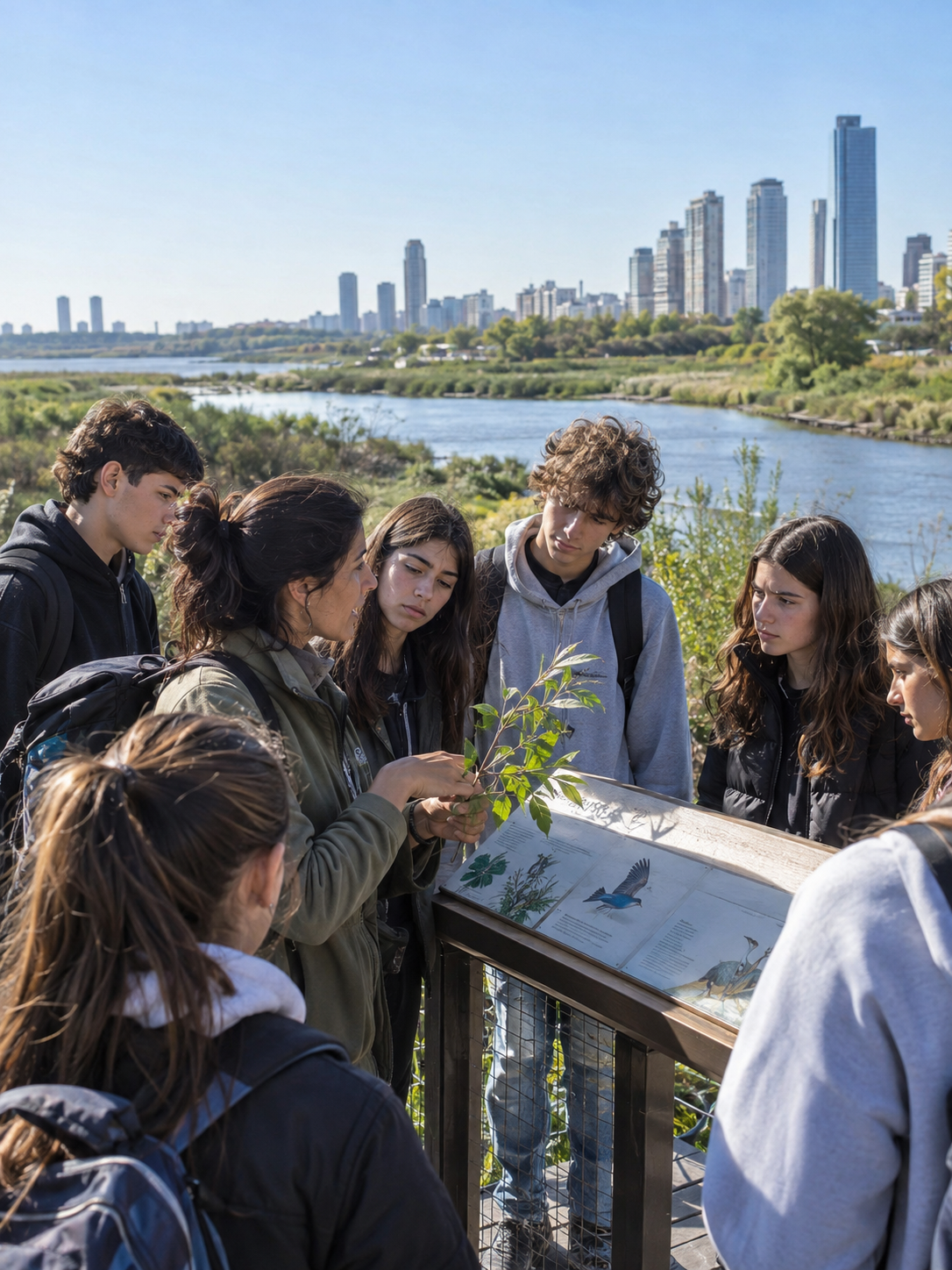 Docente y estudiantes de secundaria observan un panel interpretativo en un humedal urbano bonaerense