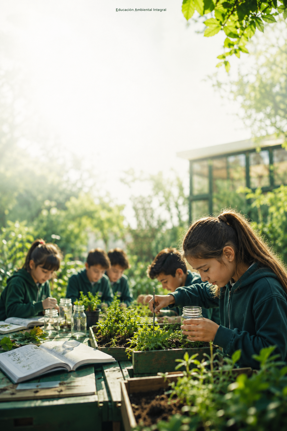 Estudiantes realizando actividades de observación y cuidado ambiental en una huerta escolar