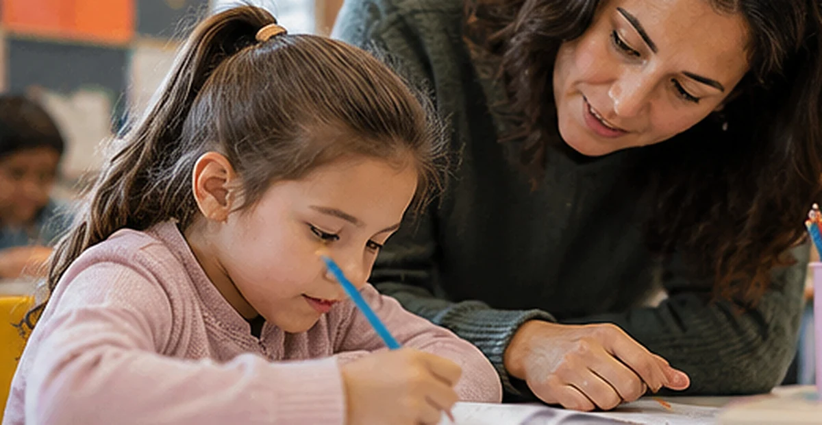 Docente acompañando a una estudiante en una actividad de lectura y escritura