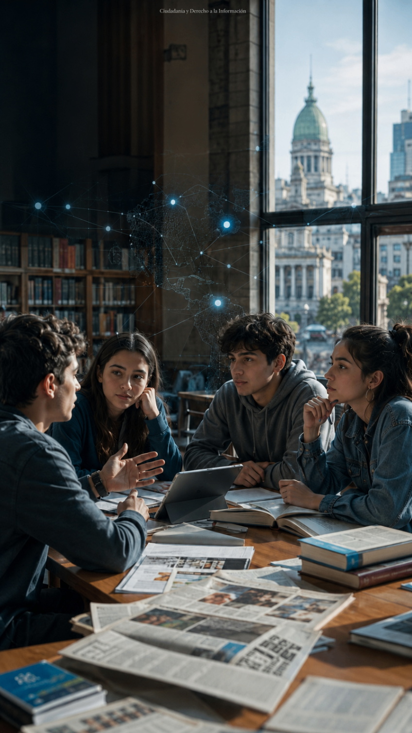 Estudiantes analizando información y ciudadanía en una biblioteca