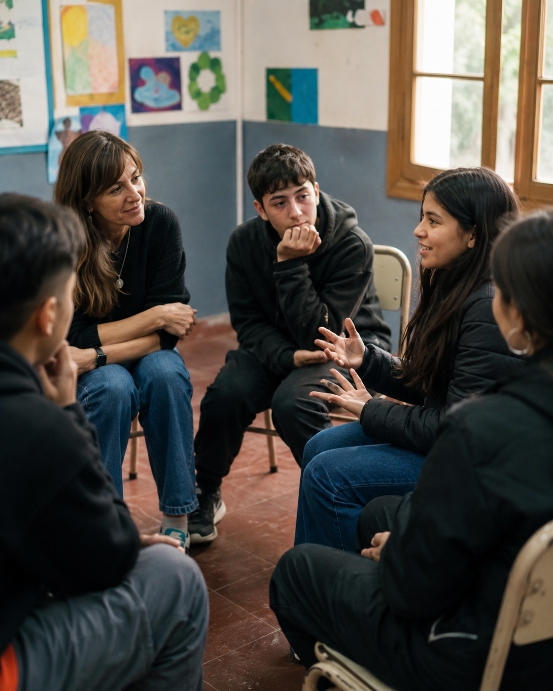 Ronda de estudiantes y docente conversando sobre emociones y convivencia