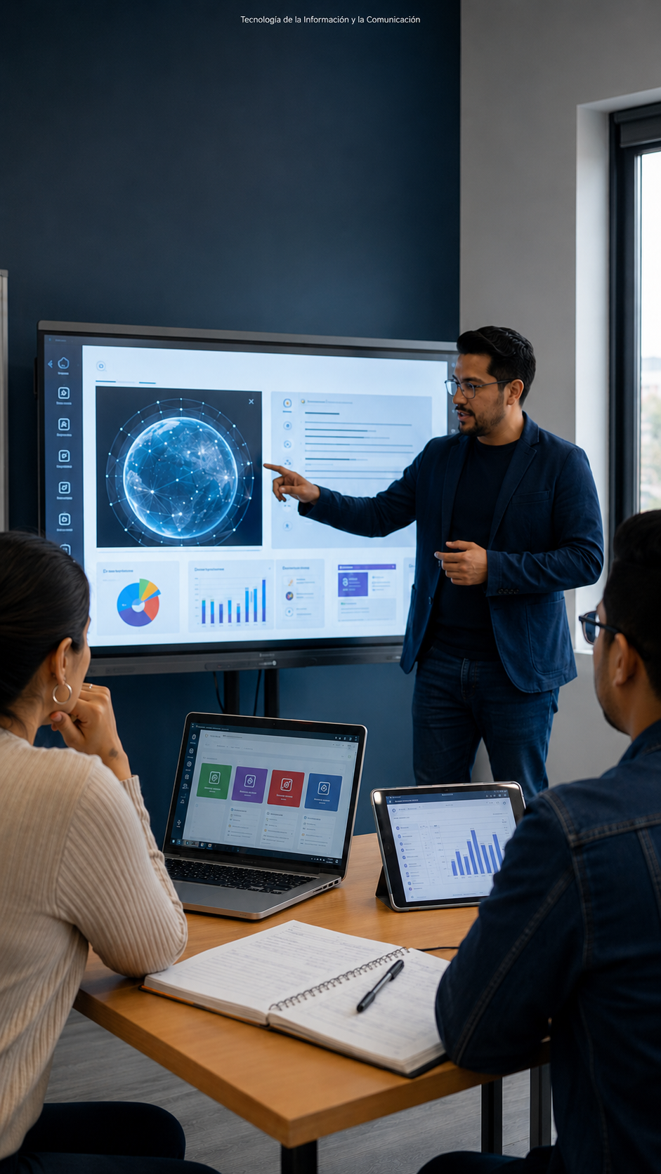 Docente presentando recursos digitales y análisis de datos en el aula